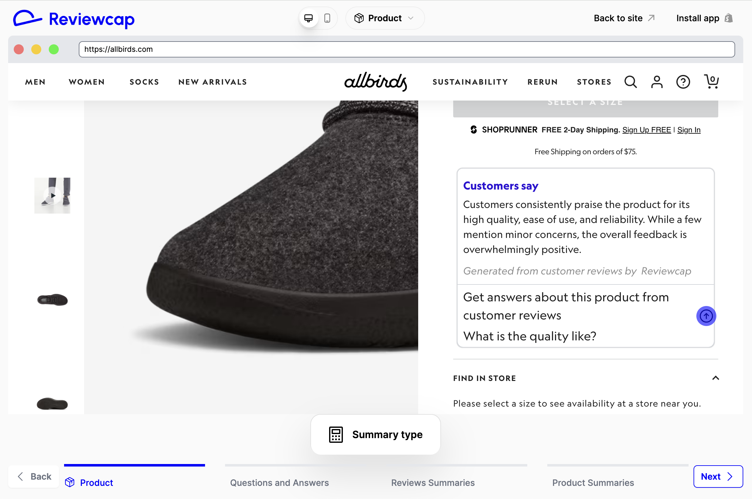 Screenshot of Reviewcap app